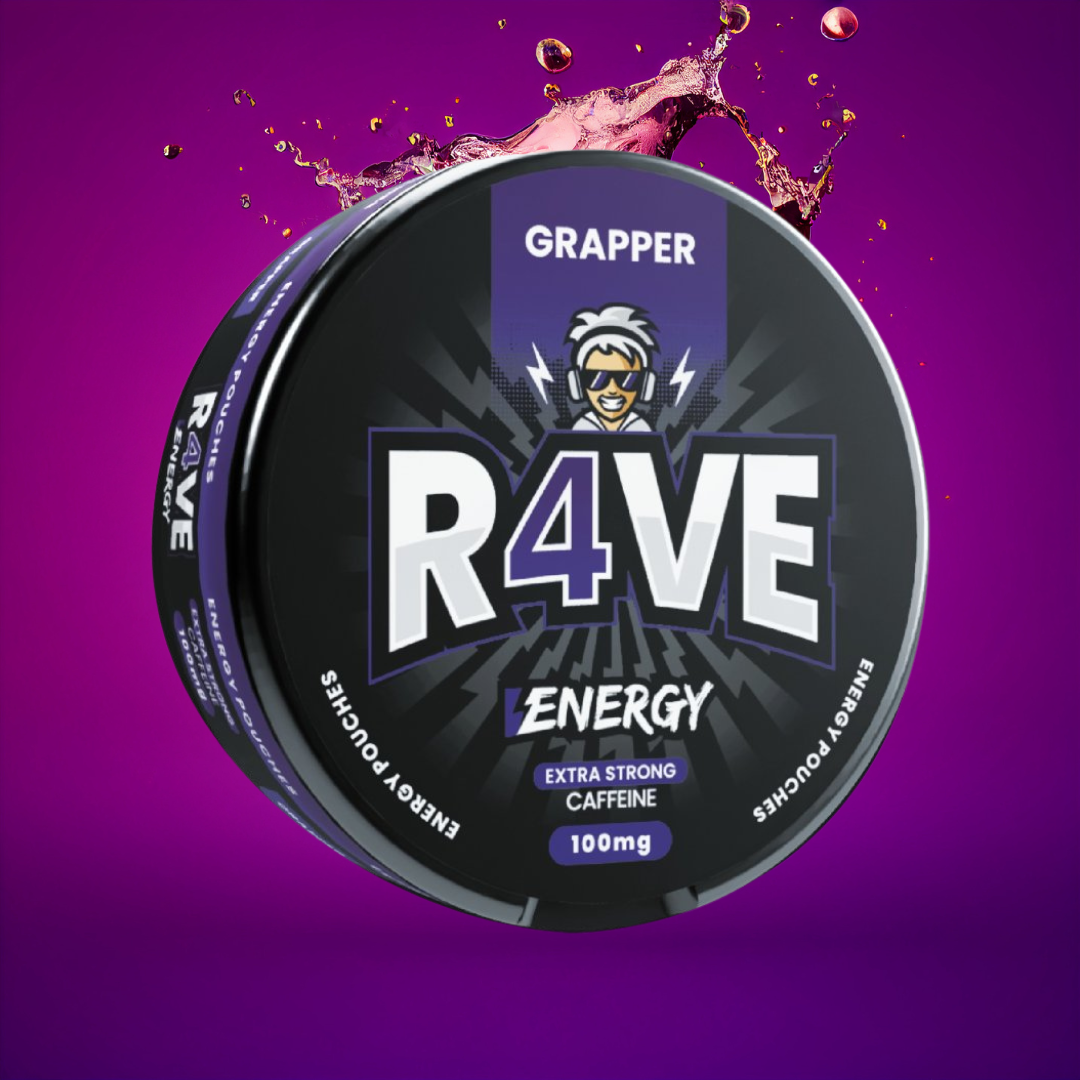 R4VE energy product container with 'Grapper' branding on a purple background