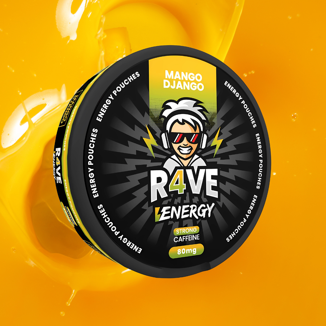 R4VE Energy Mango Django energy pouch on a bright yellow background