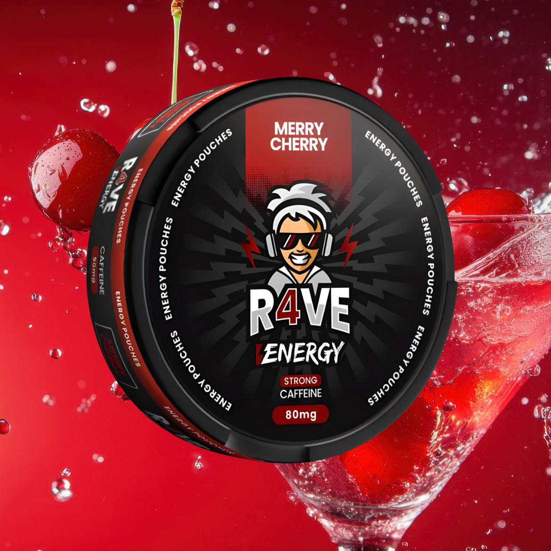 R4VE Energy product with cherry and ice cube on a red background