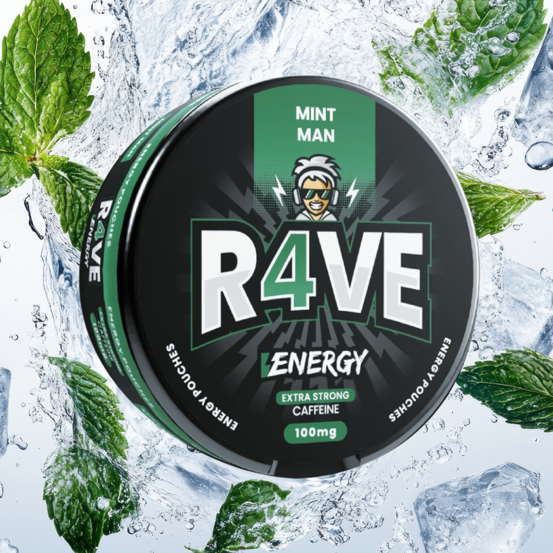 R4VE Energy product container with mint leaves and ice cubes on a light blue background