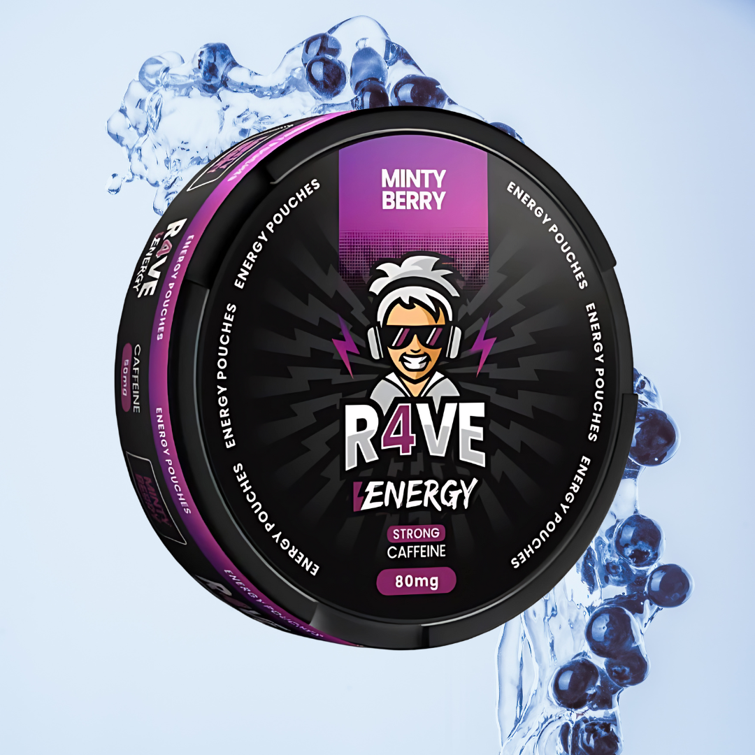 R4VE Energy Minty Berry packaging with blueberry background