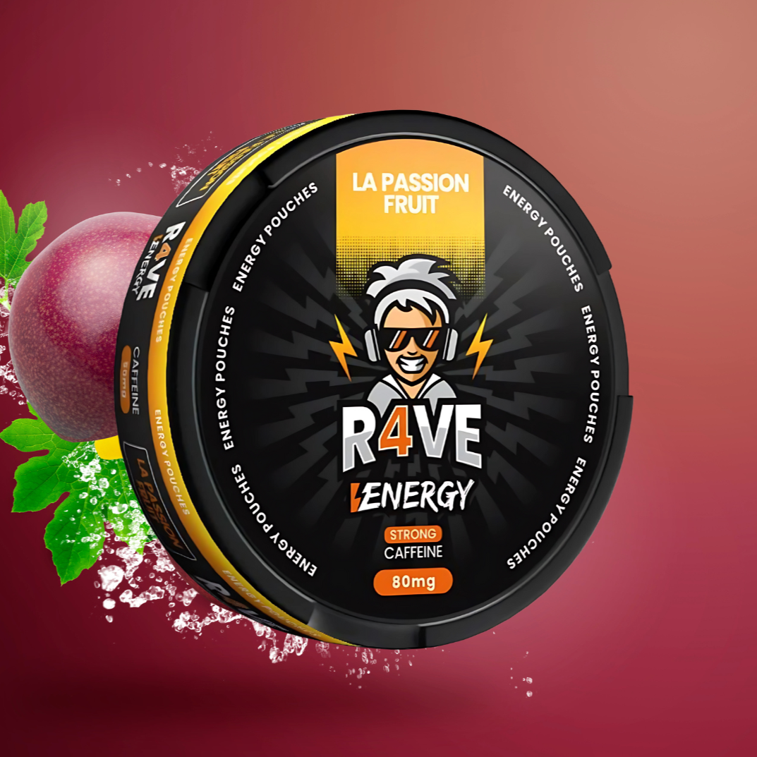 R4VE Energy drink pouch with passion fruit flavor on a red background