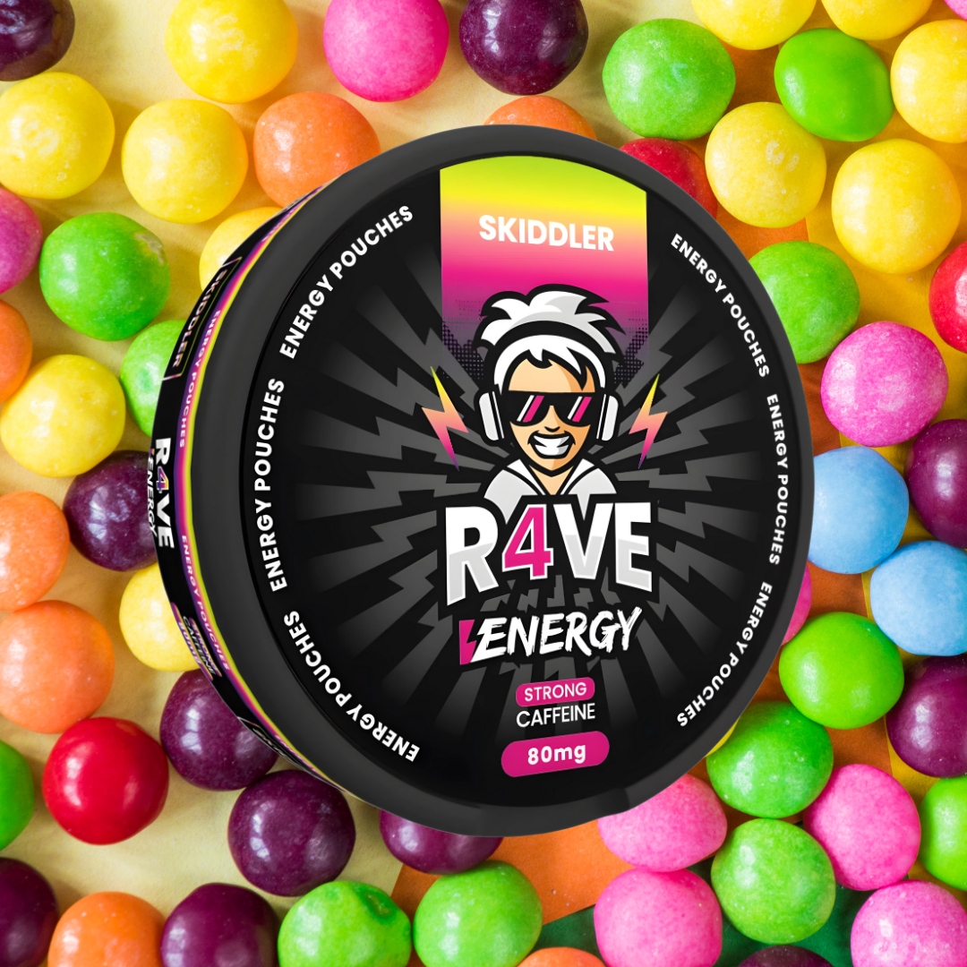 Skiddler R4VE Energy packaging surrounded by colorful gumballs