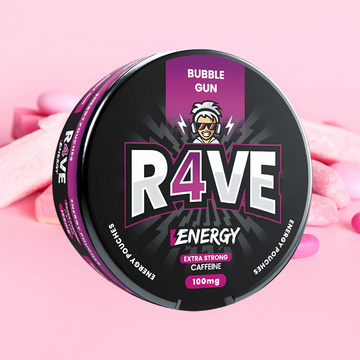R4VE energy product packaging with pink background