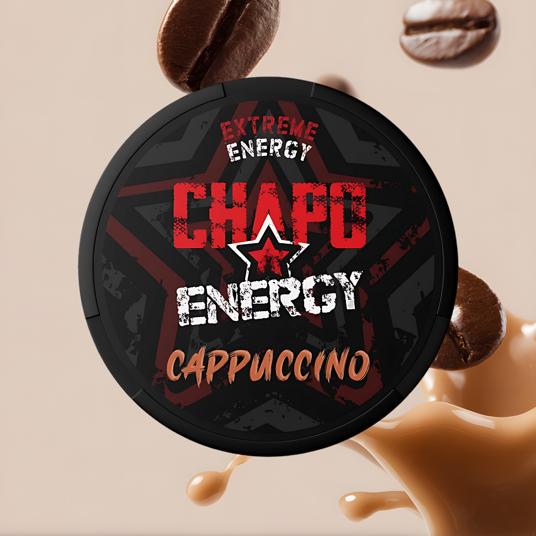 Chapo Energy Cappuccino container with coffee beans and a coffee splash on a beige background
