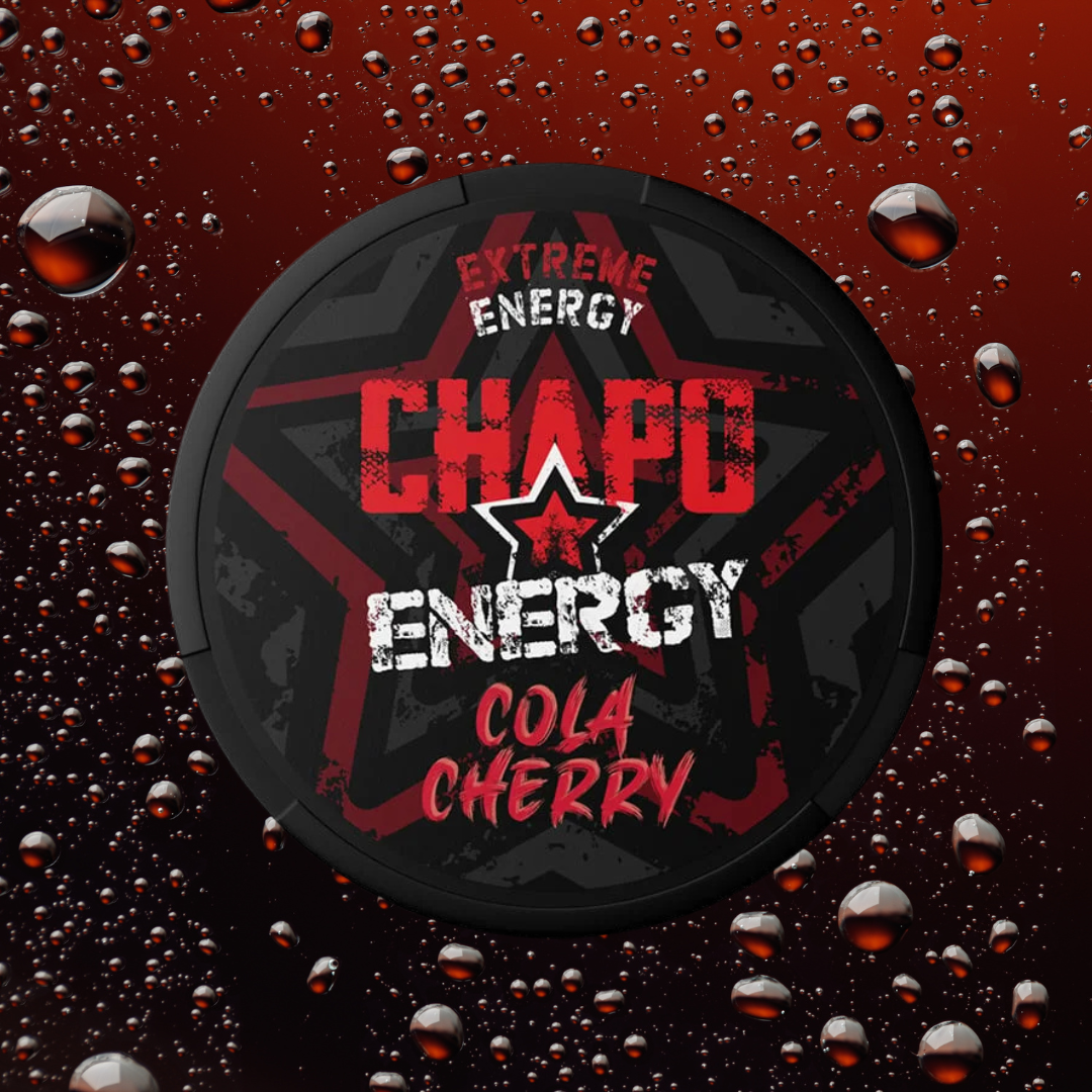 Chapo Energy Cola Cherry drink cap with red and black design on a dark background