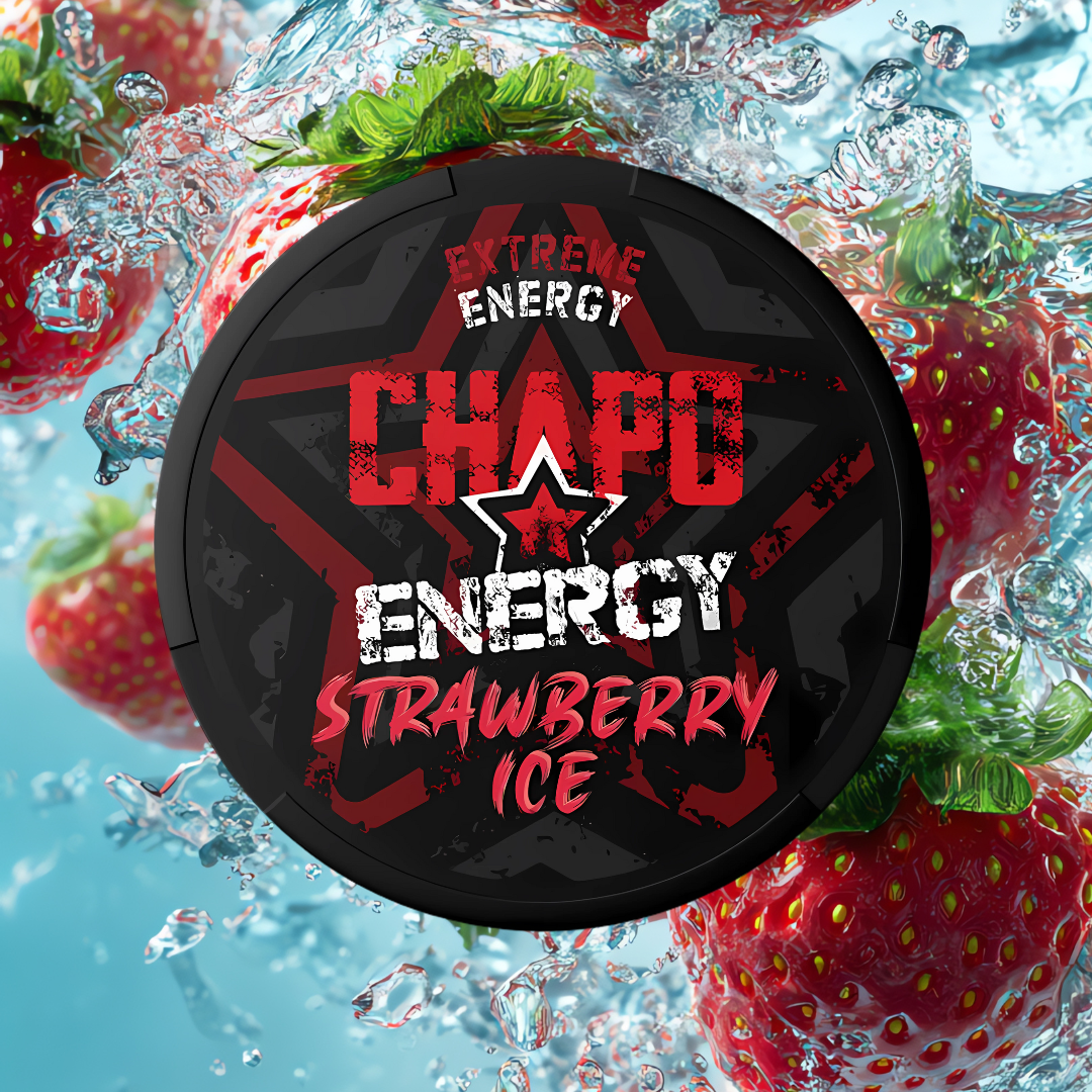 Chapo Energy Strawberry Ice packaging with strawberries in water
