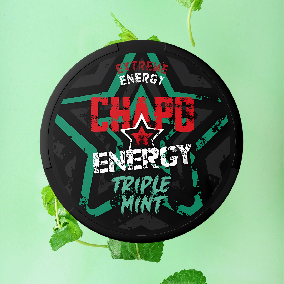 Circular energy drink container with text on a green background