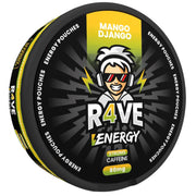 R4VE Energy Mango Django energy pouch packaging on a white background