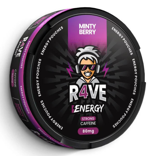 R4VE Energy product packaging with a stylized character and text on a black and purple background.