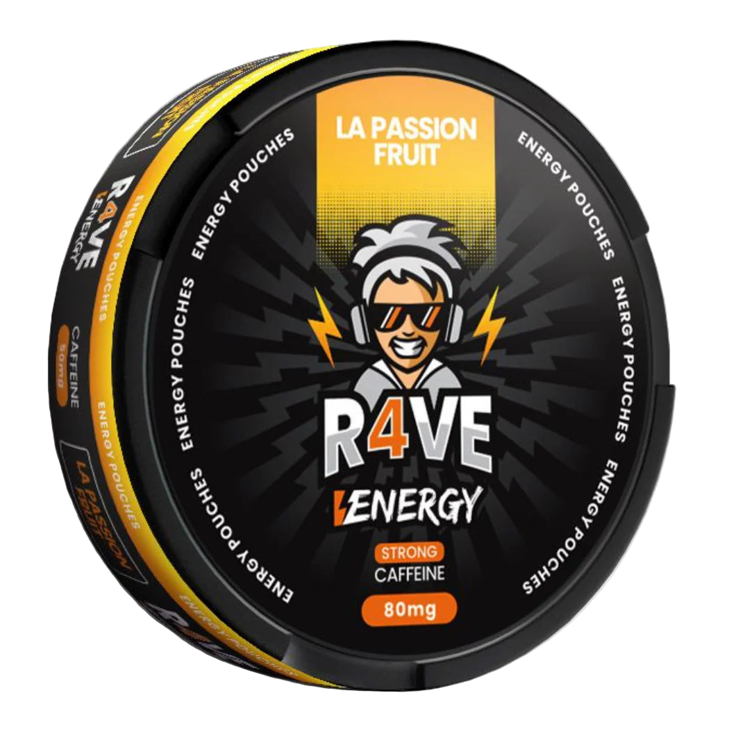 R4VE Energy packaging with a stylized character and product details on a white background