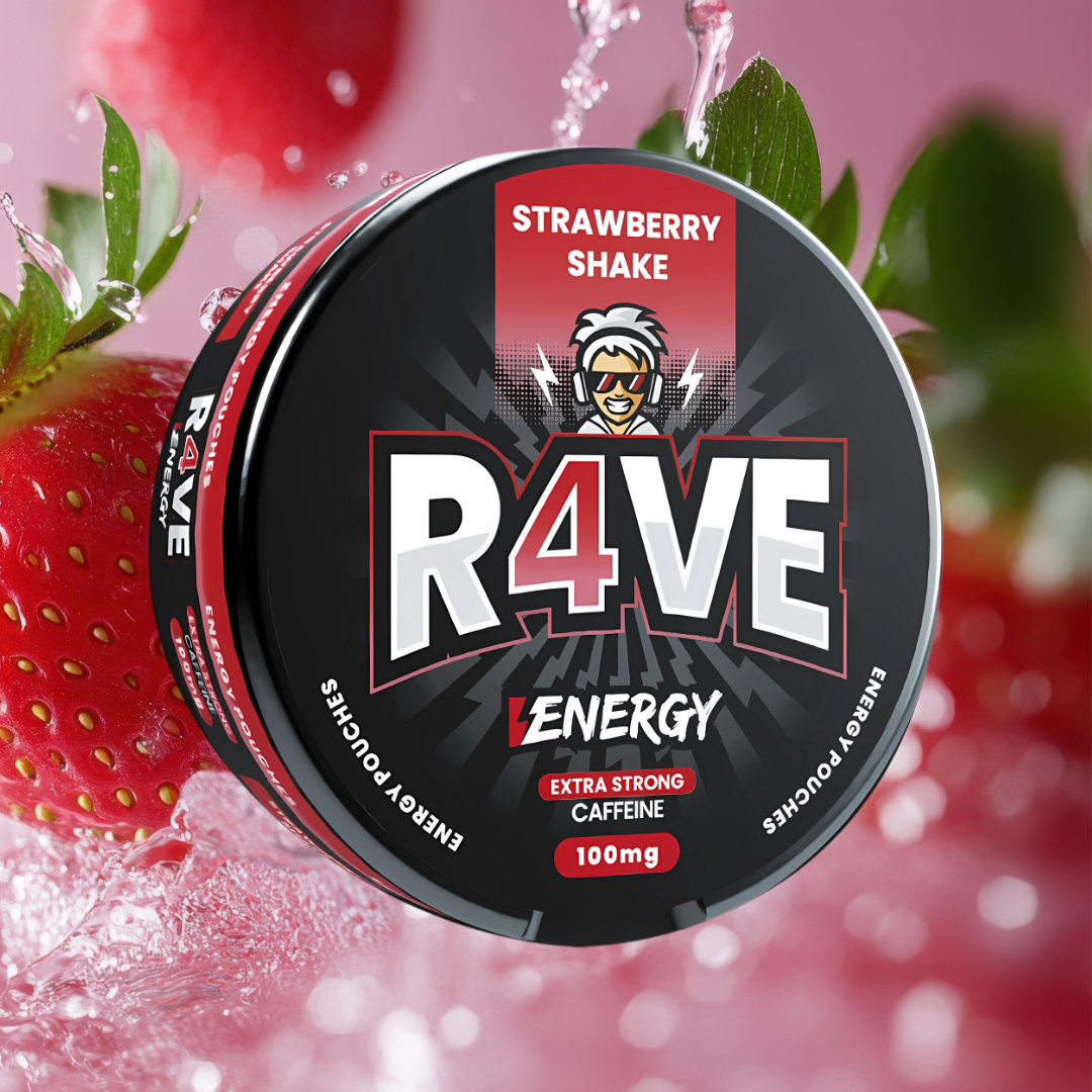 R4VE energy drink container with strawberries on a pink background