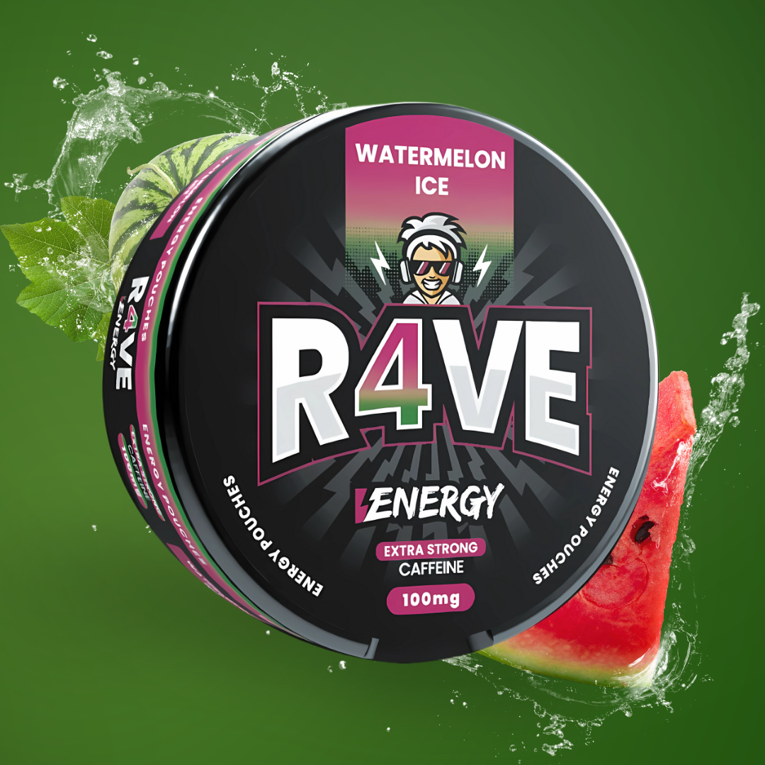 R4VE Energy product packaging with watermelon slice on a green background